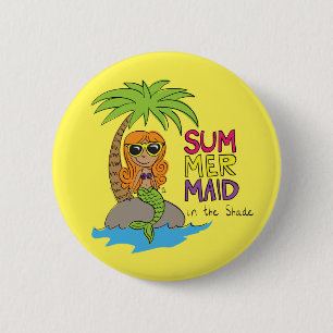 Summer Mermaid Cute Water Bottle Lime Yellow 2 Inch Round Button