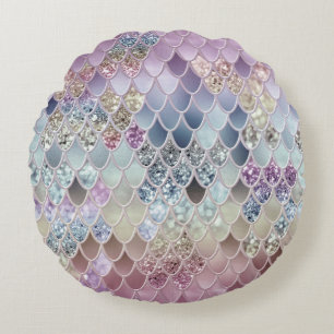 Summer Mermaid Glitter Scales #13 (Faux Glitter)   Round Pillow