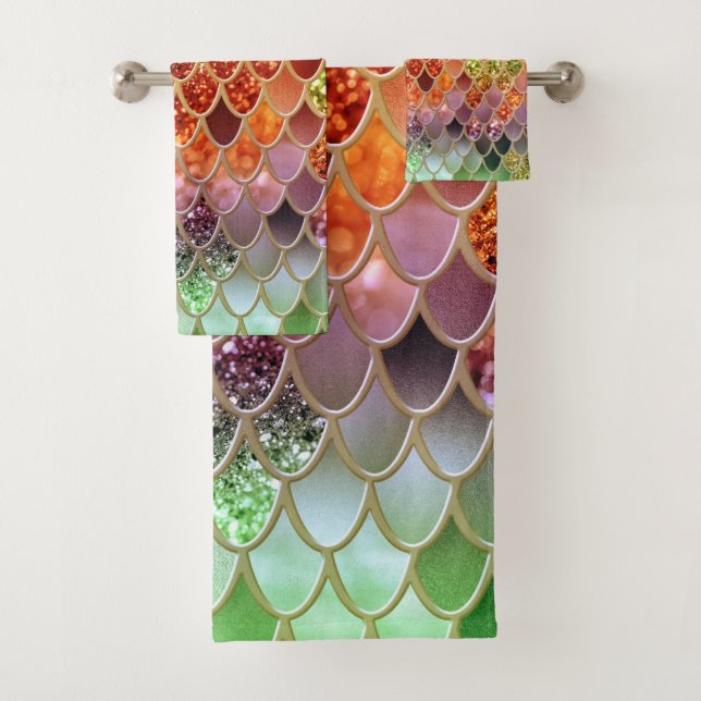 Summer Mermaid Glitter Scales #2 (Faux Glitter)  Bath Towel Set (Insitu)