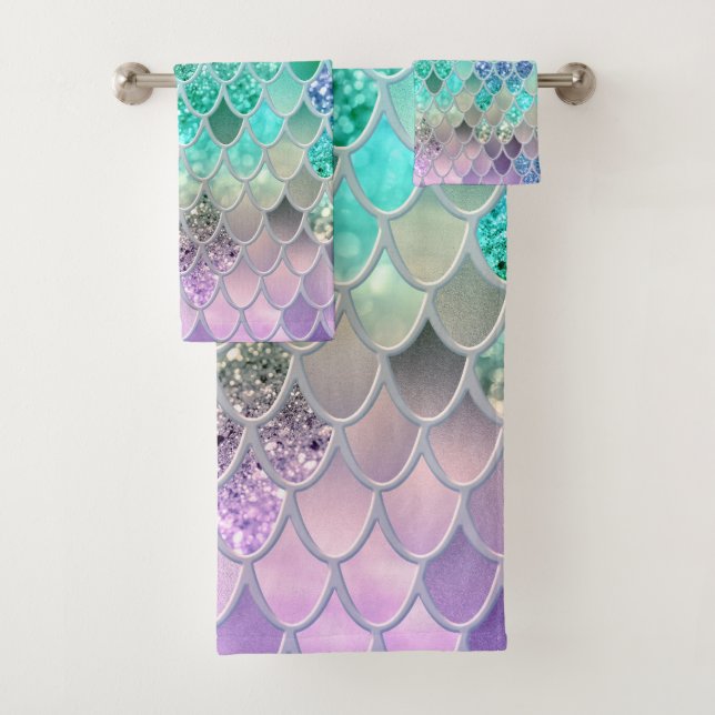 Summer Mermaid Glitter Scales #8 (Faux Glitter) Bath Towel Set (Insitu)