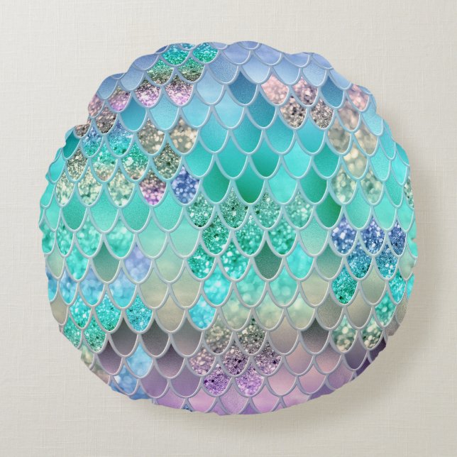 Summer Mermaid Glitter Scales #8 (Faux Glitter) Round Pillow (Front)