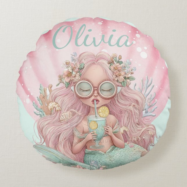 Summer Mermaid Seashell Lovers Name  Round Pillow (Front)