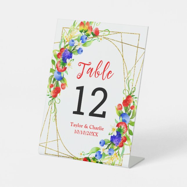 Summer Mixed Berries Wedding Table Number Pedestal Sign (Front)