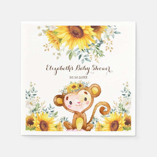 Summer Monkey Watercolor Sunflower Baby Shower Napkin (Front)