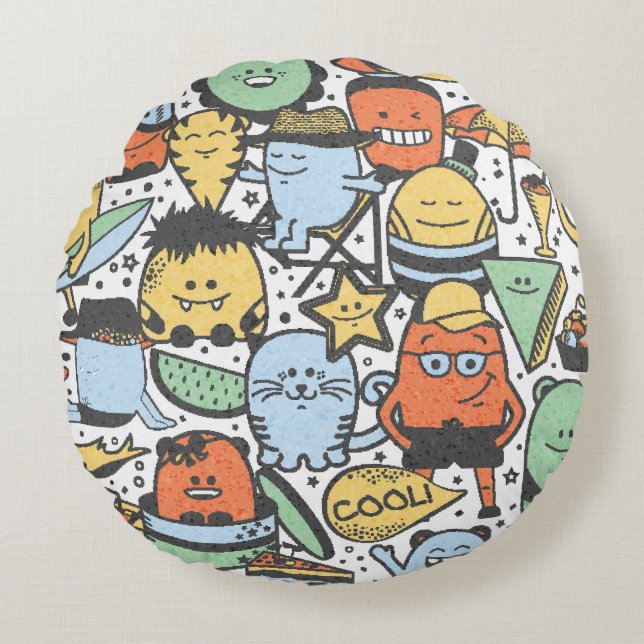 Summer monsters, colourful seamless pattern round pillow (Front)