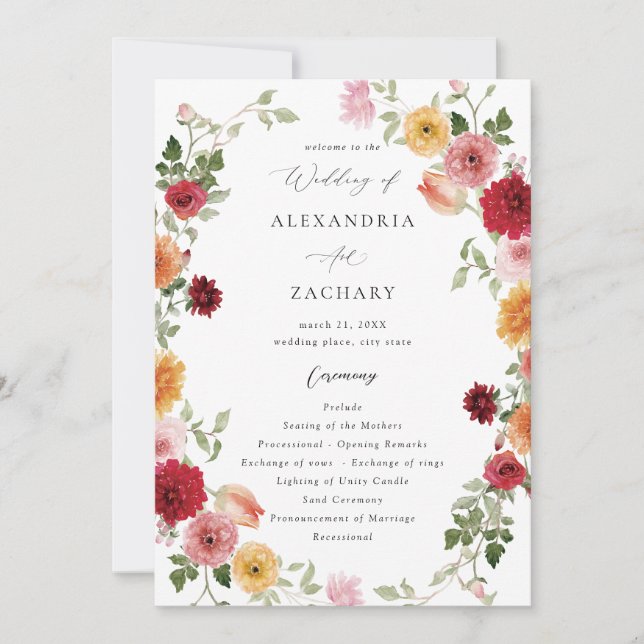 Summer Multi Colour Floral Wedding Program 2 (Front)
