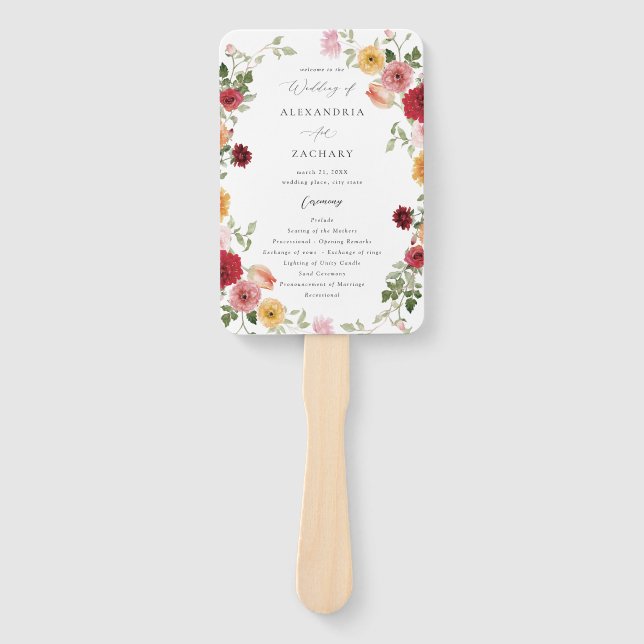 Summer Multi Colour Floral Wedding Program 2 Hand Fan (Front)