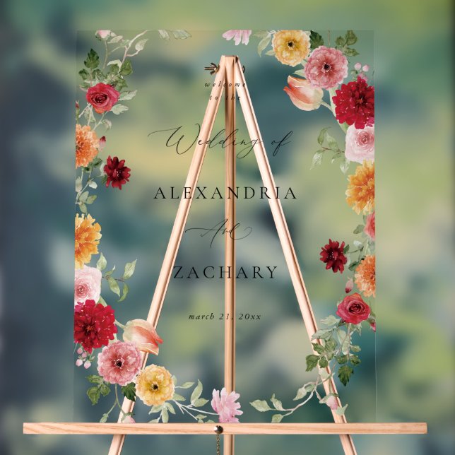 Summer Multi Colour Floral Wedding Welcome Acrylic Sign (Neutral)