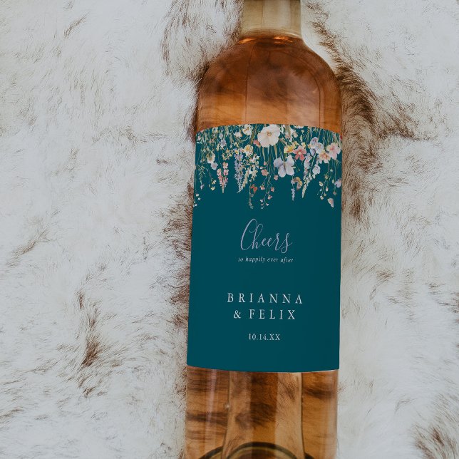 Summer Multicolor Wildflower Green Cheers Wedding  Wine Label (Creator Uploaded)