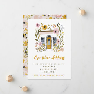 Summer Mustard Yellow & Pink Floral House Moving Announcement