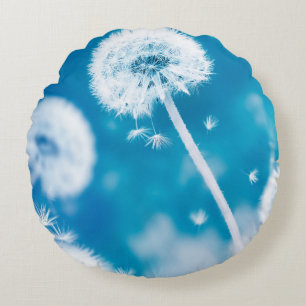 Summer natural floral background. White dandelions Round Pillow