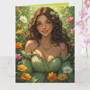 Summer Nature Goddess Nymph in Green Gown Flowers Card