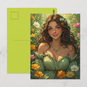 Summer Nature Goddess Nymph in Green Gown Flowers Postcard