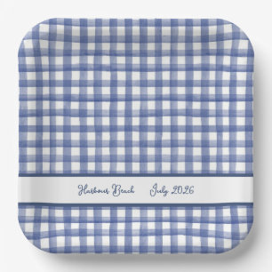 Summer Nautical Blue Gingham, Chequered July 4th Paper Plate