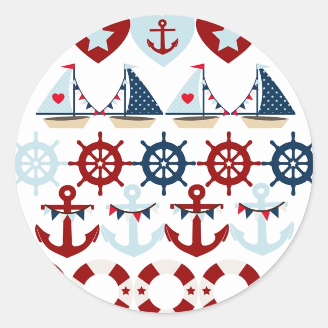 Summer Nautical Theme Anchors Sail Boats Helms Classic Round Sticker (Front)