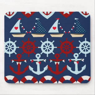 Summer Nautical Theme Anchors Sail Boats Helms Mouse Pad