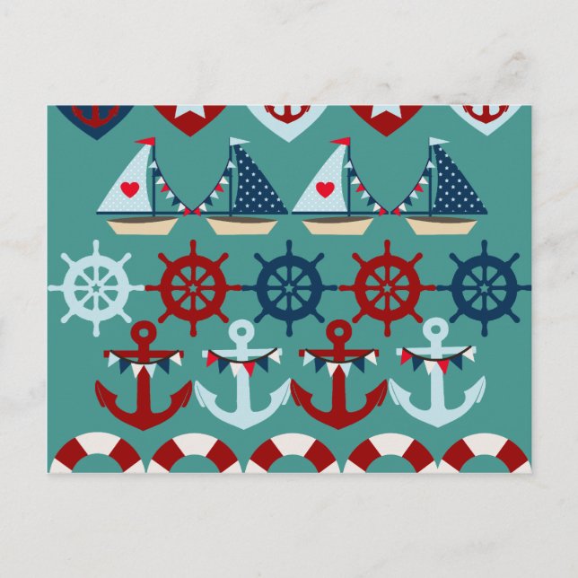 Summer Nautical Theme Anchors Sail Boats Helms Postcard (Front)