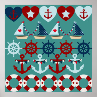 Summer Nautical Theme Anchors Sail Boats Helms Poster