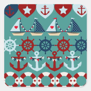 Summer Nautical Theme Anchors Sail Boats Helms Square Sticker