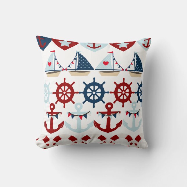 Summer Nautical Theme Anchors Sail Boats Helms Throw Pillow (Front)