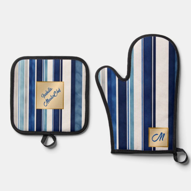 Summer Navy Blue Popular Boat Stripes Collection Oven Mitt & Pot Holder Set (Front)