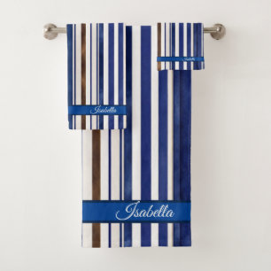 Summer Navy Blue Trendy Boat Stripes Collection Bath Towel Set