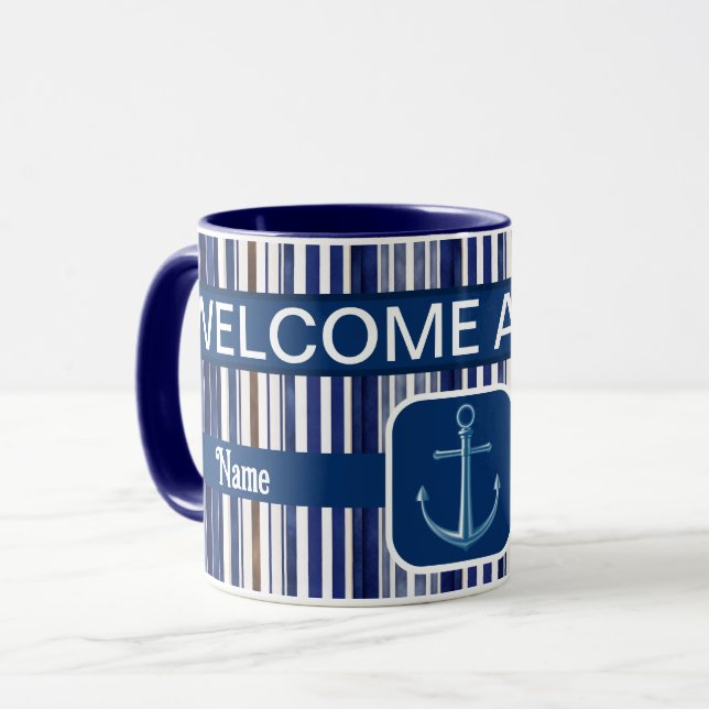 Summer Navy Blue Trendy Boat Stripes Collection Mug (Front Left)