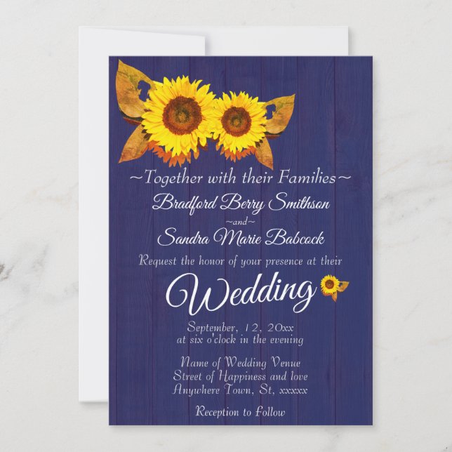 Summer Navy Blue Wood Sunflower s Rustic Wedding  Invitation (Front)