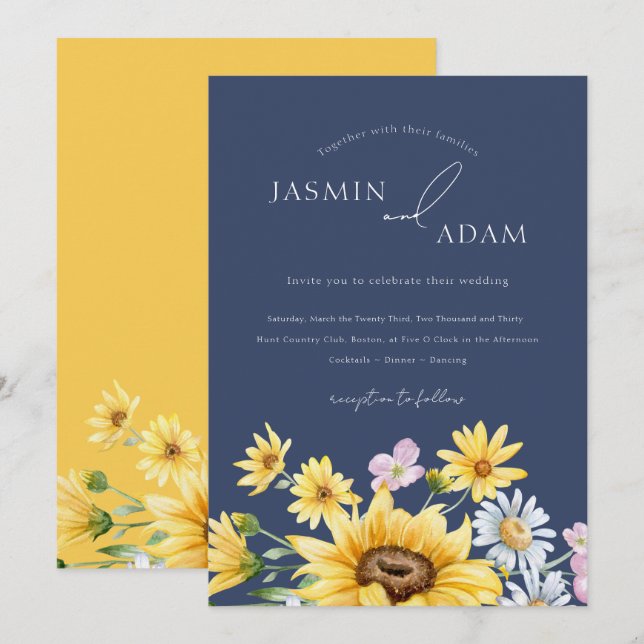 Summer Navy Blue Yellow Sunflowers Floral Wedding Invitation (Front/Back)