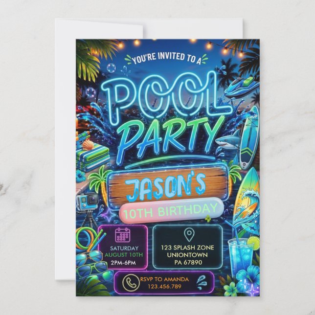 Summer Neon Pool Party Boy Birthday Invitation (Front)