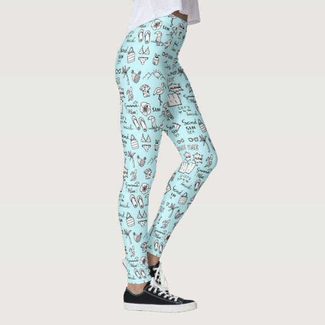 Summer Objects Doodle Pattern Light Blue Leggings (Right)