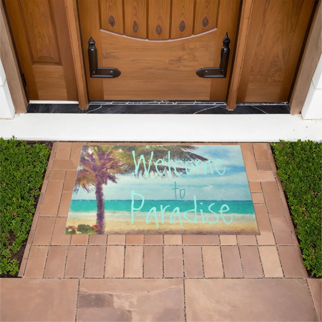 Summer Ocean Beach Palm Tree Watercolor Painting Doormat (Outdoor)
