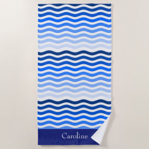 Summer Ocean Sea Waves Stripes Optional Name Words Beach Towel