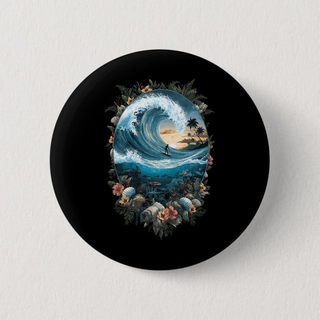 Summer Ocean Wave Surfing Tropical Beach Reef  2 Inch Round Button (Front)