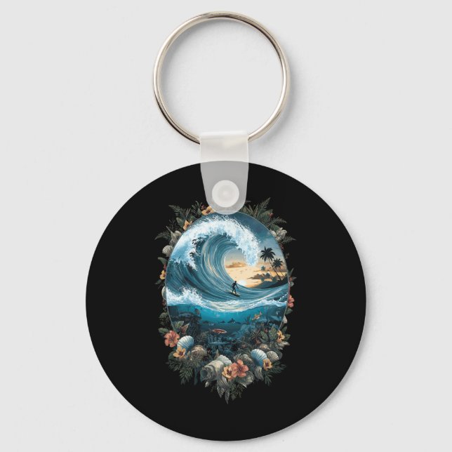 Summer Ocean Wave Surfing Tropical Beach Reef  Keychain (Front)
