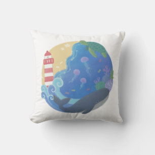 Summer Ocean Whale Turtle & Lighthouse Throw Pillow