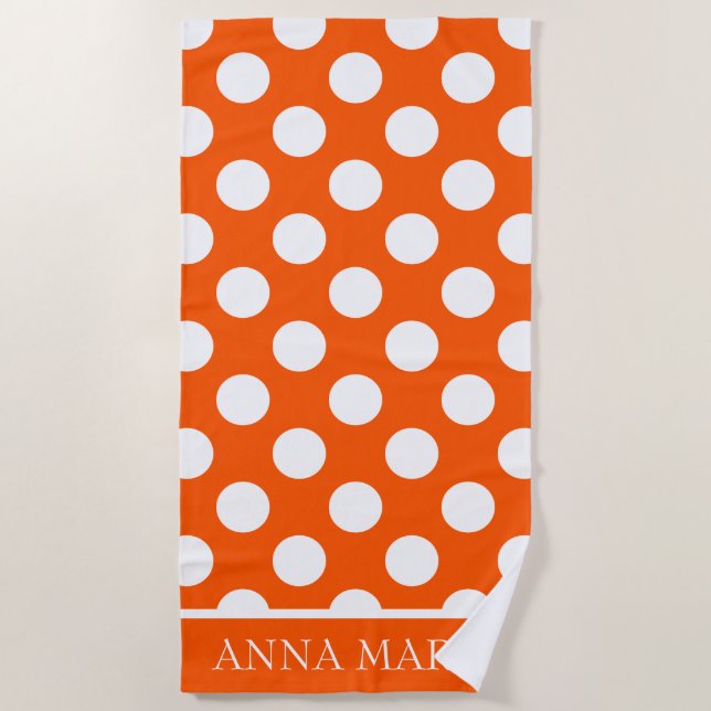 Summer Orange and White Polka Dot Personalized Beach Towel (Front)