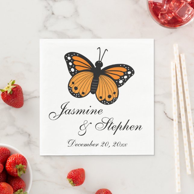 Summer Orange Black Monarch Butterfly Wedding  Napkin (Insitu)
