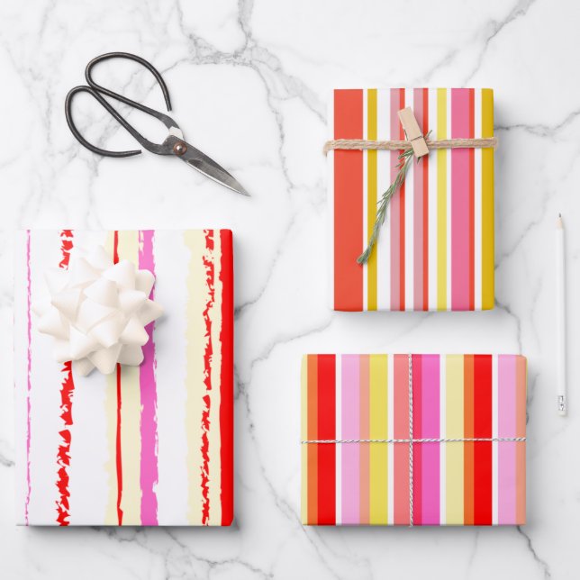 Summer orange pink red stripes vibrant  wrapping paper sheet (Front)