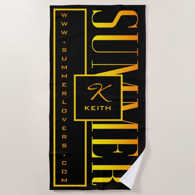 Summer Orange Yellow Black Website Name Monogram Beach Towel (Front)