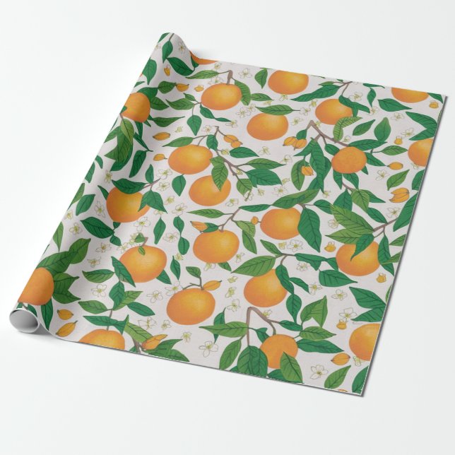 Summer Oranges Citrus Fruit Floral Pattern  Wrapping Paper (Unrolled)