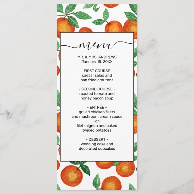 Summer Oranges Citrus Watercolor Fruit Pattern Menu (Front)