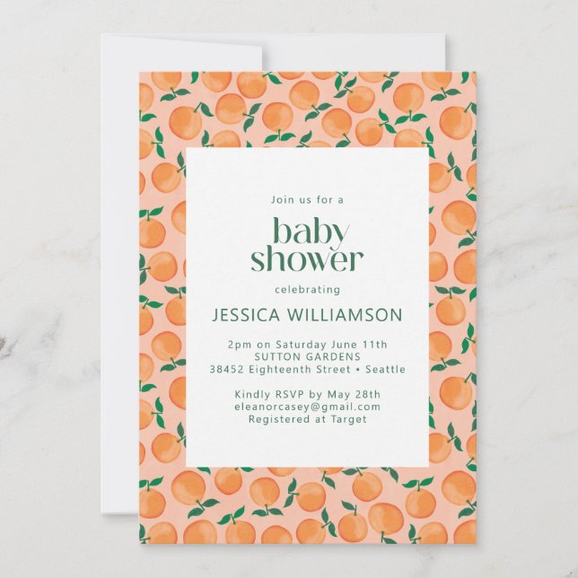 Summer Oranges Fruit Watercolor Pink Baby Shower Invitation (Front)