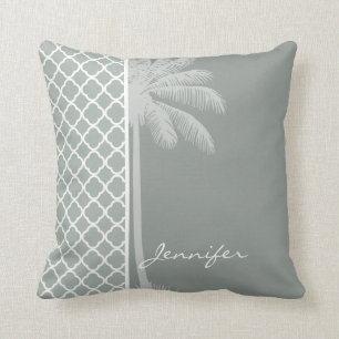 Summer Palm; Ash Grey; Grey Quatrefoil Throw Pillow