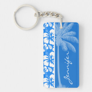 Summer Palm; Azure Blue Tropical Hibiscus Keychain