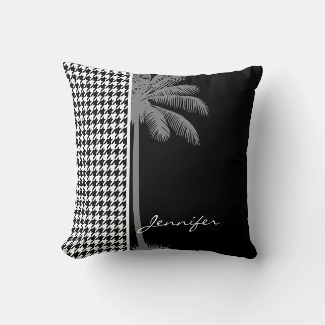 Summer Palm Black Houndstooth Throw Pillow (Front)