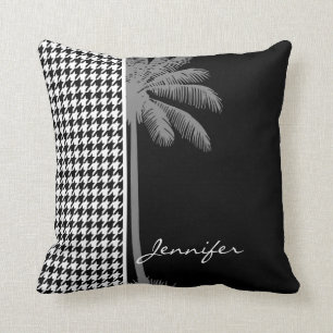 Summer Palm Black Houndstooth Throw Pillow