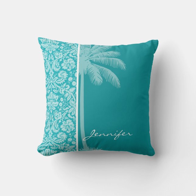 Summer Palm Blue-Green Damask Pattern Throw Pillow (Front)