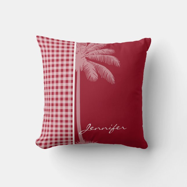 Summer Palm; Carmine Red Gingham; Chequered Throw Pillow (Front)