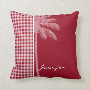 Summer Palm; Carmine Red Gingham; Chequered Throw Pillow